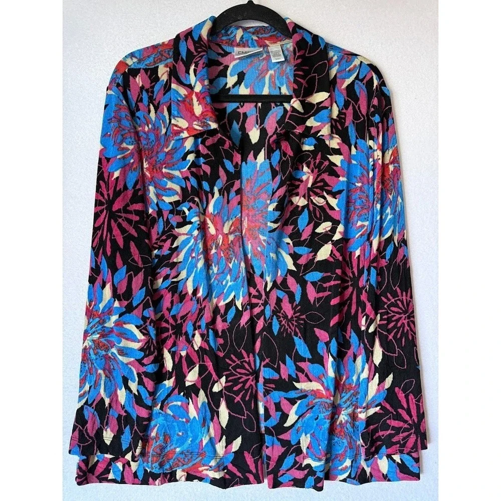 Chico's Travelers Jacket Women Size 2 Multicolor Floral Knit Open Front Casual